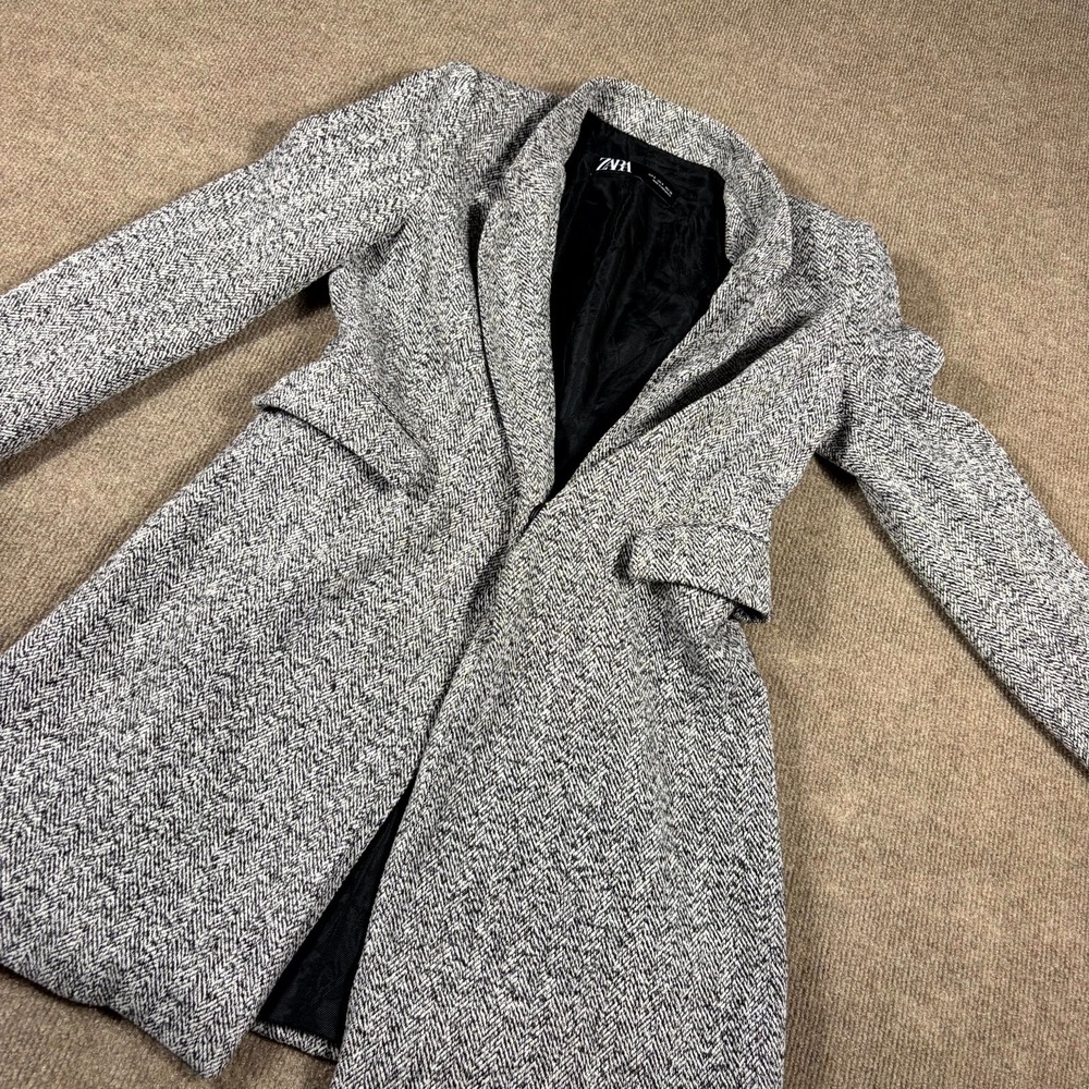 Zara Blazer Jacket Womens S White Black Herringbone Notch Lapel Formal Business